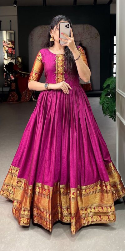 Dazzling Pink Color Narayan Pet Zari Weaving Work Gown