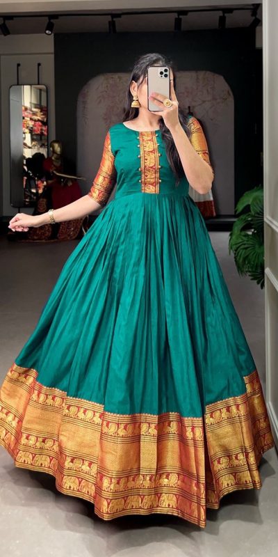 Dazzling Teal Blue Color Narayan Pet Zari Weaving Work Gown
