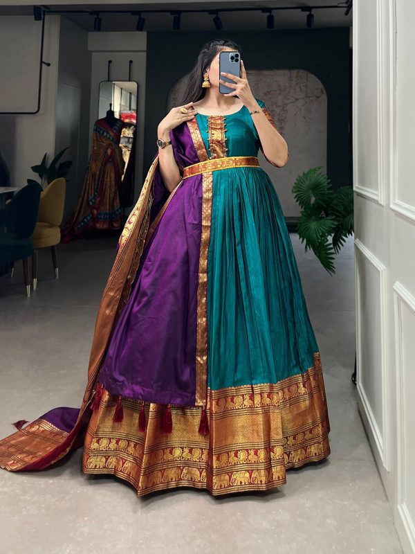 Dazzling Teal Blue Color Narayan Pet Zari Weaving Work Gown