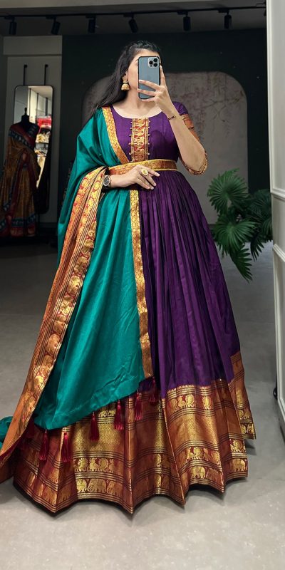 Dazzling Wine Color Narayan Pet Zari Weaving Work Gown