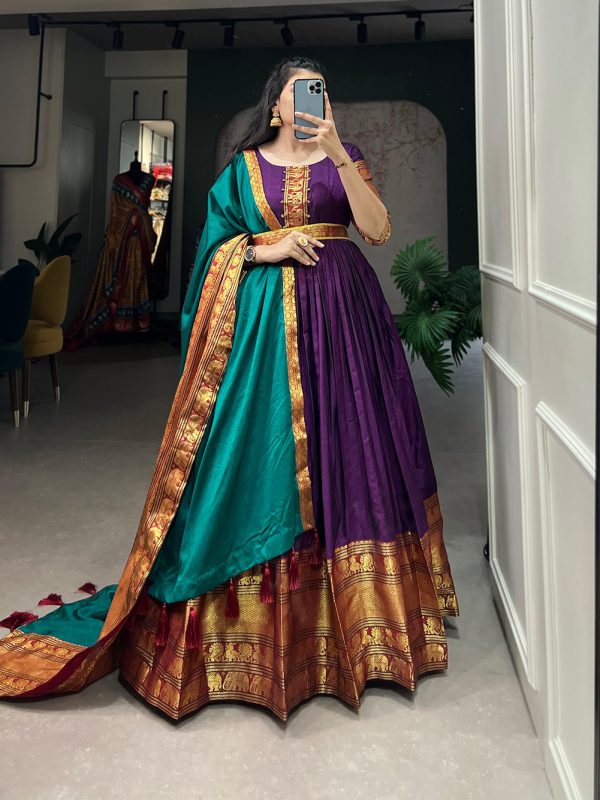 Dazzling Wine Color Narayan Pet Zari Weaving Work Gown