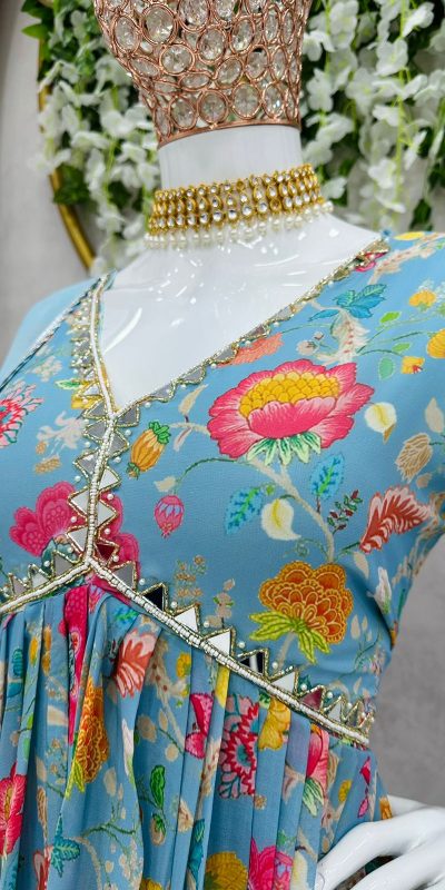 Elegant Blue Color Georgette Digital Printed Work Salwar Suit