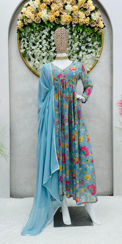 Elegant Blue Color Georgette Digital Printed Work Salwar Suit