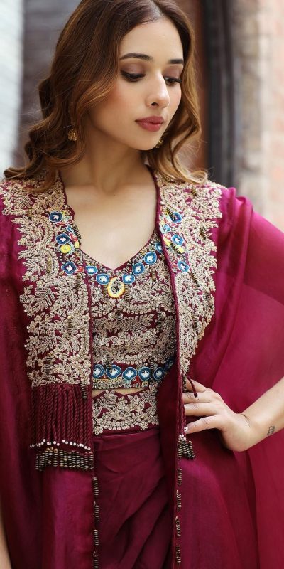 Elegant Wine Color Organza silk Thread Sequence Dhoti Salwar