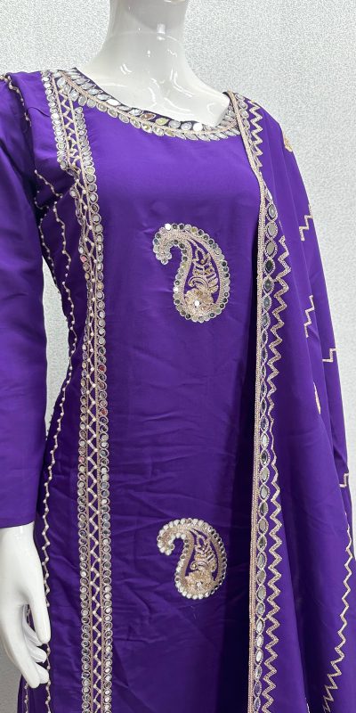 Gorgeous Violet Color Roman Silk Embroidered Salwar Suit