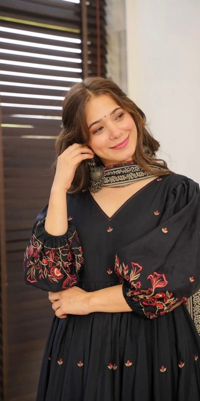 Grand Black Color Chinnon Silk Embroidery Work Salwar Suit