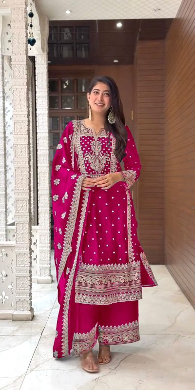 Grand Pink Color Chinnon Silk Embroidery Sequence Salwar Suit
