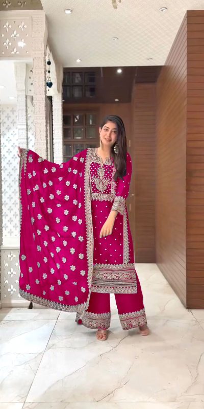 Grand Pink Color Chinnon Silk Embroidery Sequence Salwar Suit