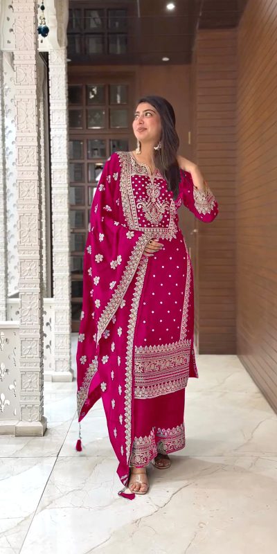 Grand Pink Color Chinnon Silk Embroidery Sequence Salwar Suit