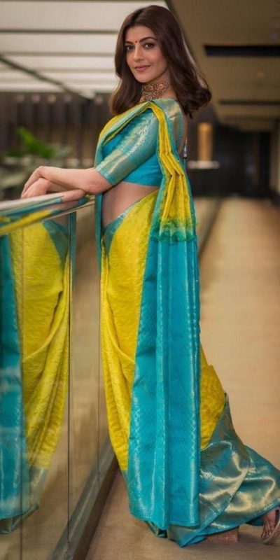 Kajal Aggarwal Yellow Color Soft Lichi Silk Jacquard All Over Saree