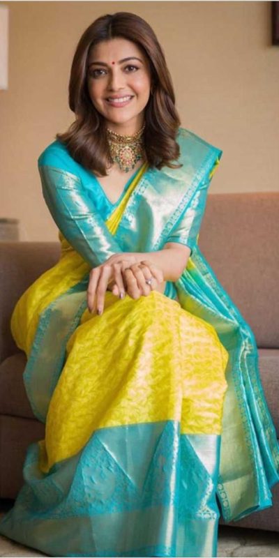 Kajal Aggarwal Yellow Color Soft Lichi Silk Jacquard All Over Saree