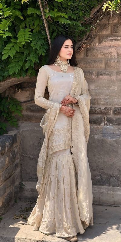 Majestic Cream Color Chinon Silk Embroidery Sequence Salwar Suit
