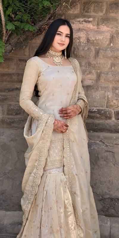 Majestic Cream Color Chinon Silk Embroidery Sequence Salwar Suit