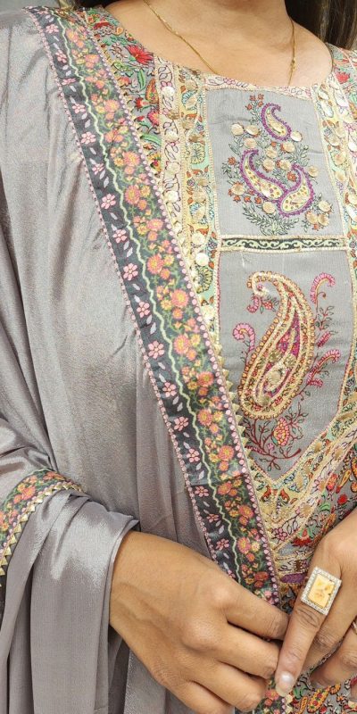 Majestic Grey Color Maslin Printed And Coin Work Salwar Suit