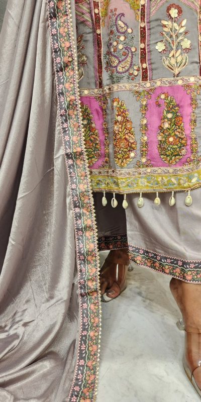 Majestic Grey Color Maslin Printed And Coin Work Salwar Suit