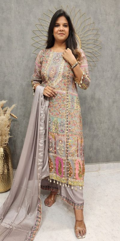 Majestic Grey Color Maslin Printed And Coin Work Salwar Suit