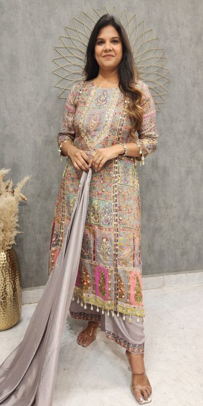 Majestic Grey Color Maslin Printed And Coin Work Salwar Suit