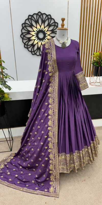 Majestic Violet Color Heavy Chinon Silk Embroidery Sequence Gown