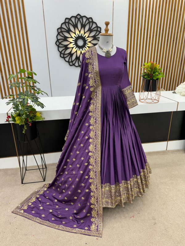 Majestic Violet Color Heavy Chinon Silk Embroidery Sequence Gown