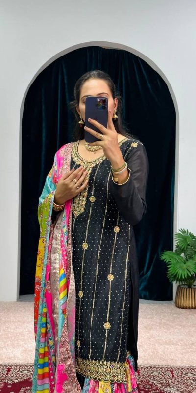 Mesmerizing Black Color Chinon Embroidery Work Salwar Suit
