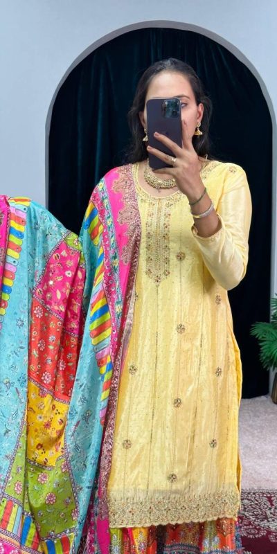 Mesmerizing Yellow Color Chinon Embroidery Work Salwar Suit