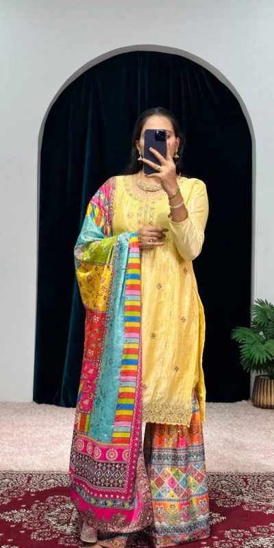 Mesmerizing Yellow Color Chinon Embroidery Work Salwar Suit