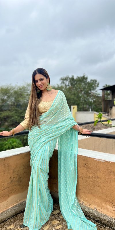 Perfect Aquamarine Color Georgette Embroidery Sequence Saree