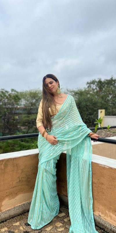 Perfect Aquamarine Color Georgette Embroidery Sequence Saree