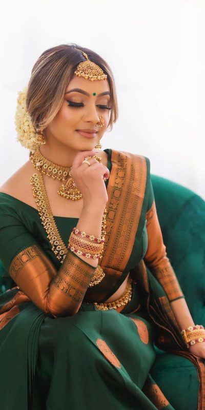 Pretty Golden Green Color Soft Lichi Silk Jacquard All Over Saree