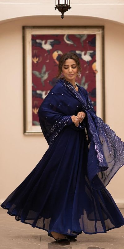 Pretty Navy Blue Color Georgette Embroidery Sequence Gown