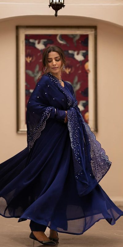 Pretty Navy Blue Color Georgette Embroidery Sequence Gown