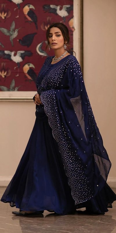 Pretty Navy Blue Color Georgette Embroidery Sequence Gown