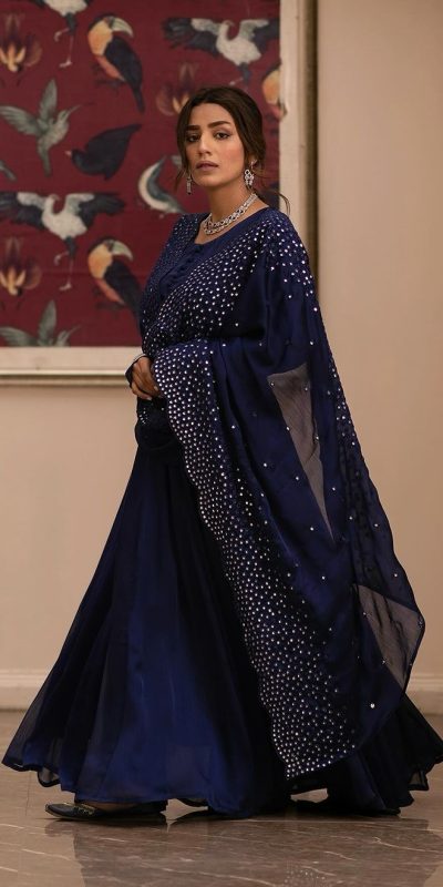 Pretty Navy Blue Color Georgette Embroidery Sequence Gown
