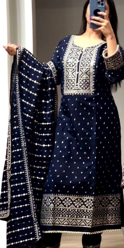 Pretty Navy Blue Color Georgette Embroidery Sequence Salwar Suit