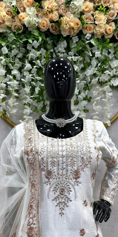 Pretty White Color Chinon Silk Thread Sequence Work Salwar Suit