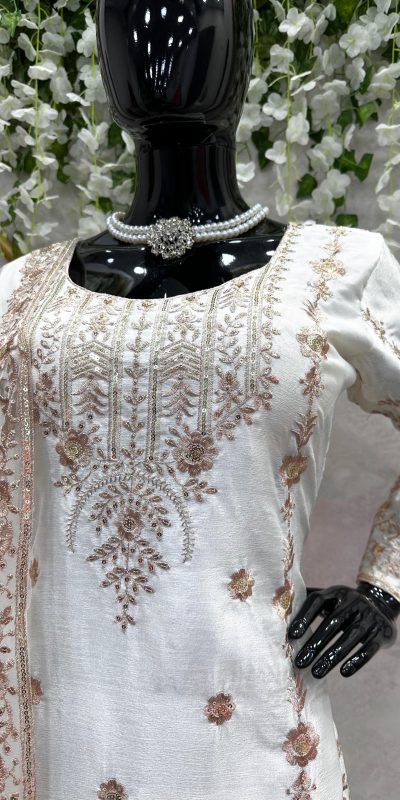 Pretty White Color Chinon Silk Thread Sequence Work Salwar Suit