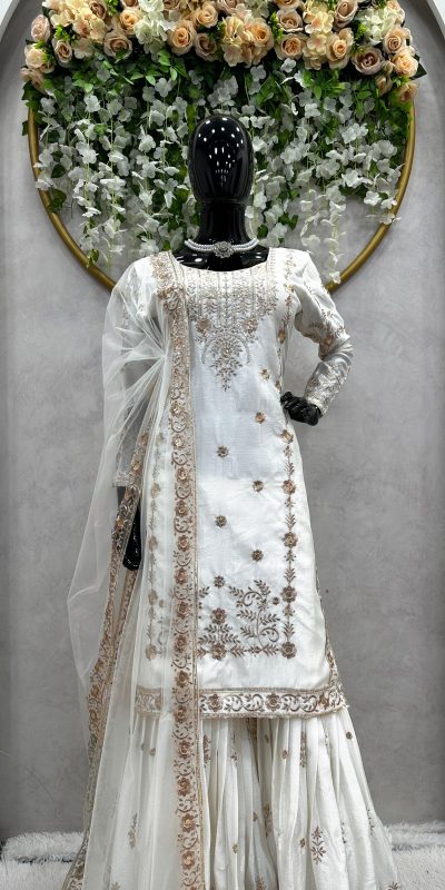 Pretty White Color Chinon Silk Thread Sequence Work Salwar Suit