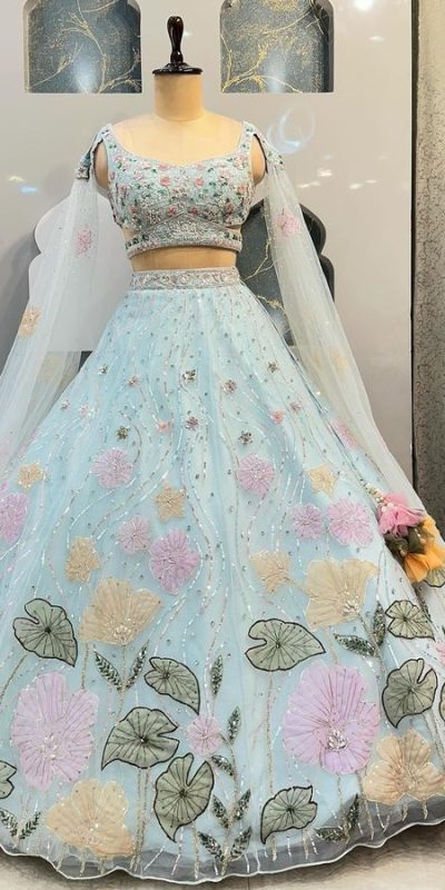 Special Light Blue Color Organza Silk Embroidered Lehenga Choli