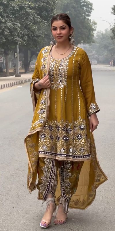 Special Mustard Color Chinon Silk Sequence Thread Salwar Suit