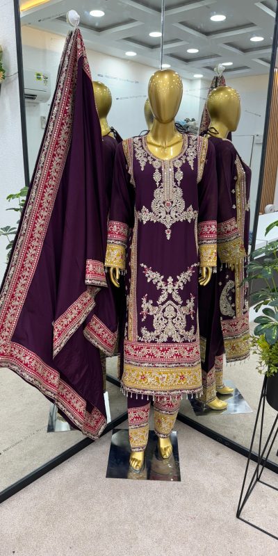 Special Purple Color Chinnon Silk Embroidery Work Salwar Suit