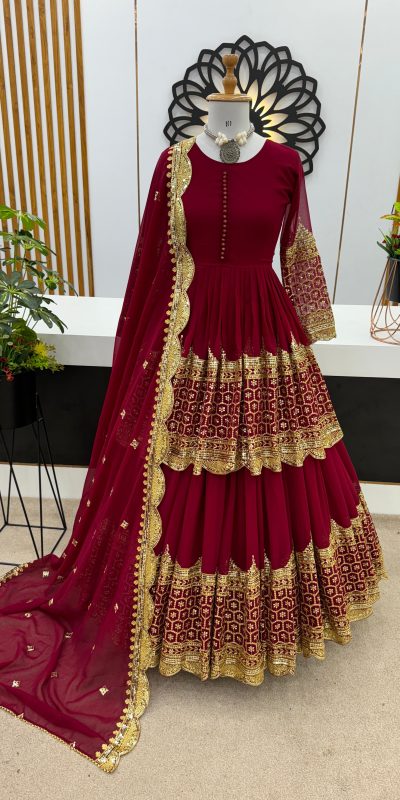 Stunning Red Color Georgette Embroidery Sequence Lehenga Choli