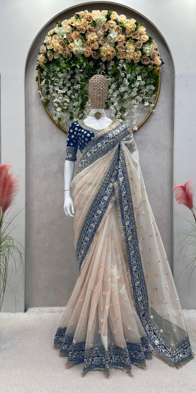 Stylish Cream Color Tissue Silk Thread Sequence Work Saree