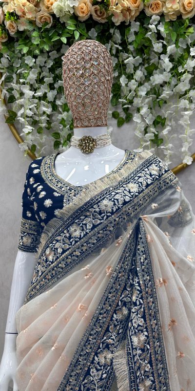 Stylish Cream Color Tissue Silk Thread Sequence Work Saree