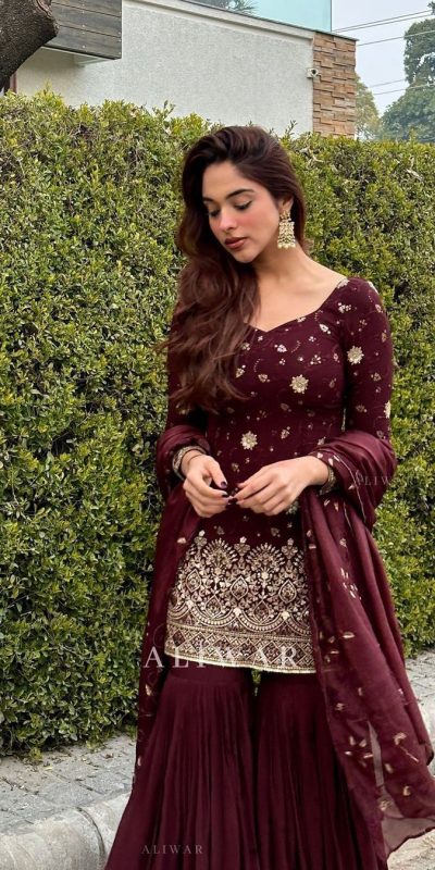 Stylish Maroon Georgette Embroidery Sequence Salwar Suit