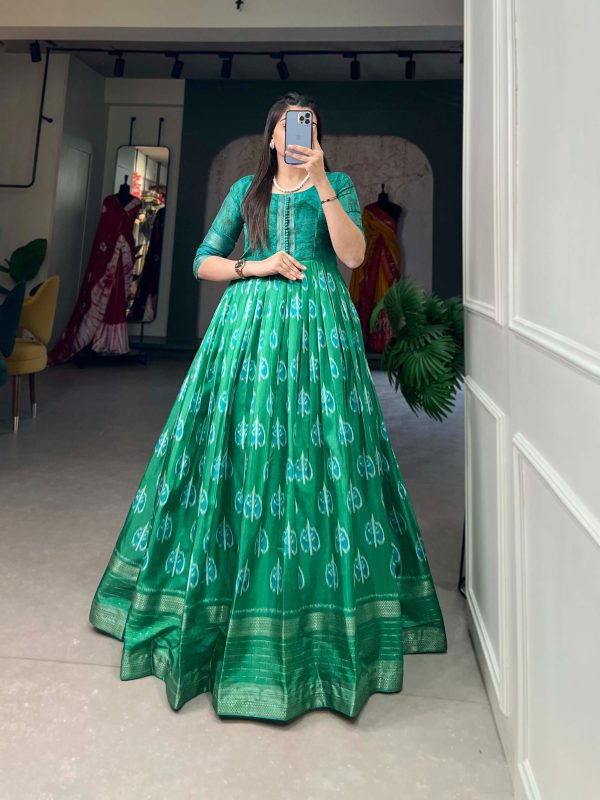 Sublime Green Color Dola Silk Printed with Zari Border Gown