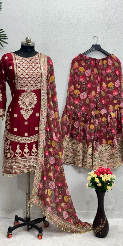 Sublime Maroon Color Heavy Chinon Silk Sequins Work Salwar Suit