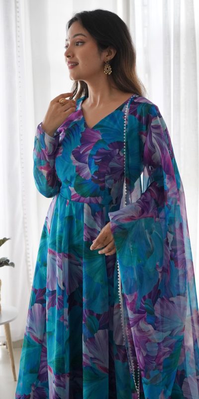 Superb Blue Color Tabby Silk Organza Digital Printed Anarkali Suit