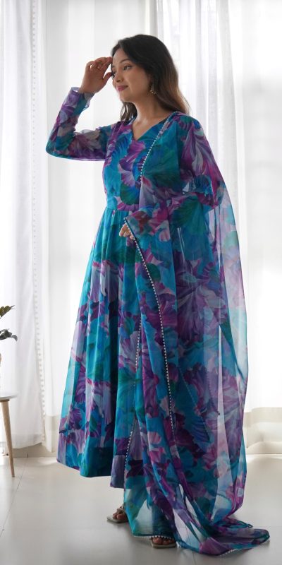 Superb Blue Color Tabby Silk Organza Digital Printed Anarkali Suit