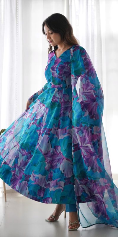 Superb Blue Color Tabby Silk Organza Digital Printed Anarkali Suit