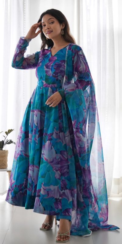 Superb Blue Color Tabby Silk Organza Digital Printed Anarkali Suit